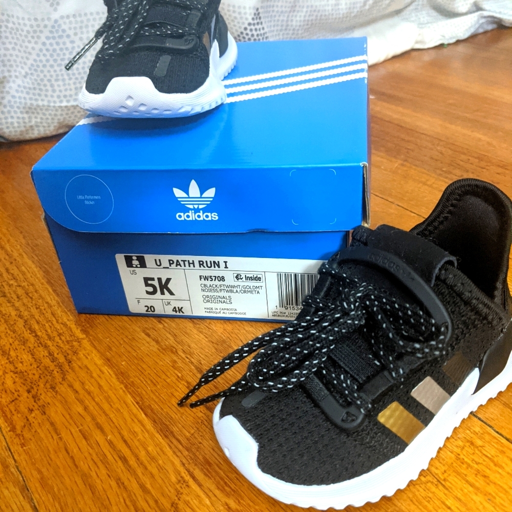 Adidas shoes, size 5K, black/gold/silver stripes